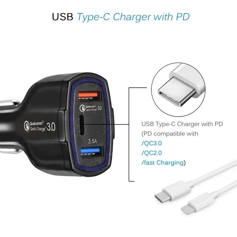 Pengisi daya telepon mobil USB ganda Pengisi daya mobil tipe-c Pengisi daya mobil 3.0 5V 3.5A QC3.0 pengisian cepat Pengisi daya mobil USB