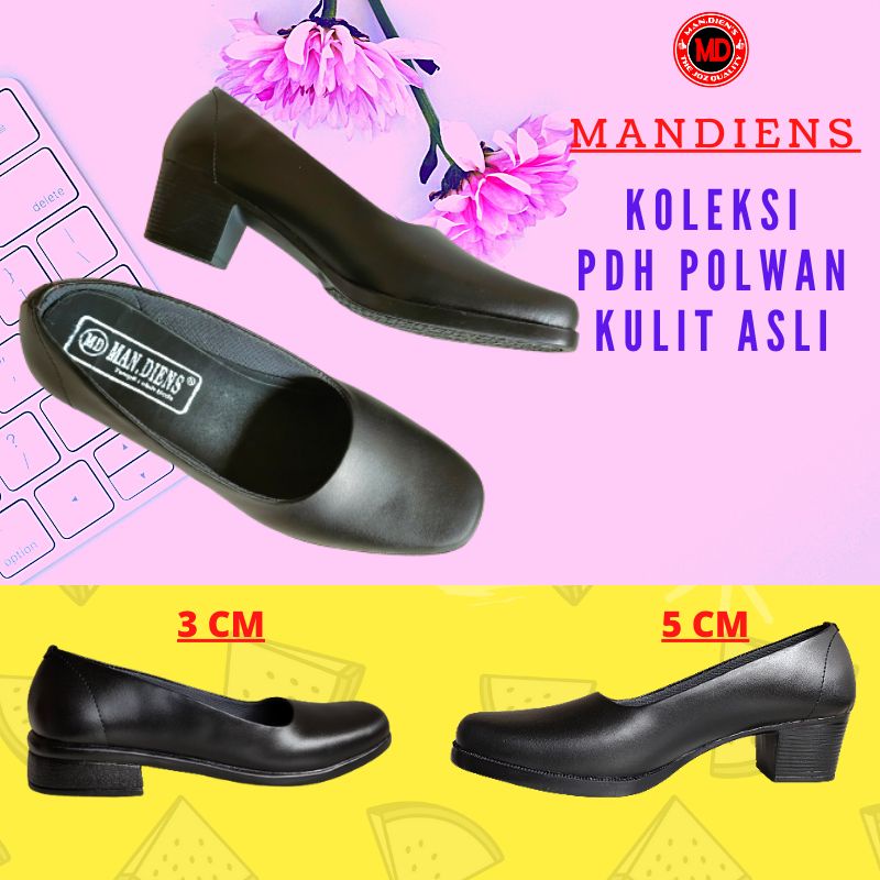 MANDIENS Sepatu Kerja Pantofel Wanita Pdh Polwan Kulit Asli Kowad Bhayangkari Heels 3cm 5cm 7cm