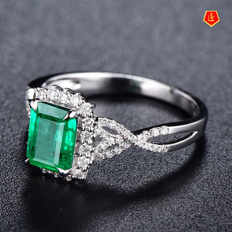 [Ready Stock]Inlaid Square Emerald Diamond Ring Fashionable Elegant