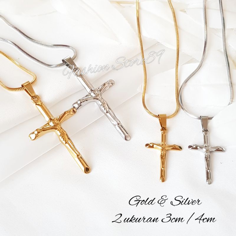 New Kalung Salib Jesus Bahan Titanium Gold Silver Antikarat Premium kalung salib Pria Wanita bestseller