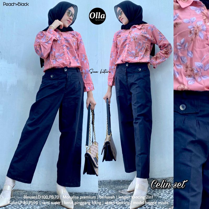 Celin Set By OLLA • Setelan Wanita • Atasan Blouse Kemeja Kulot Celana Panjang Wanita Muslim Set