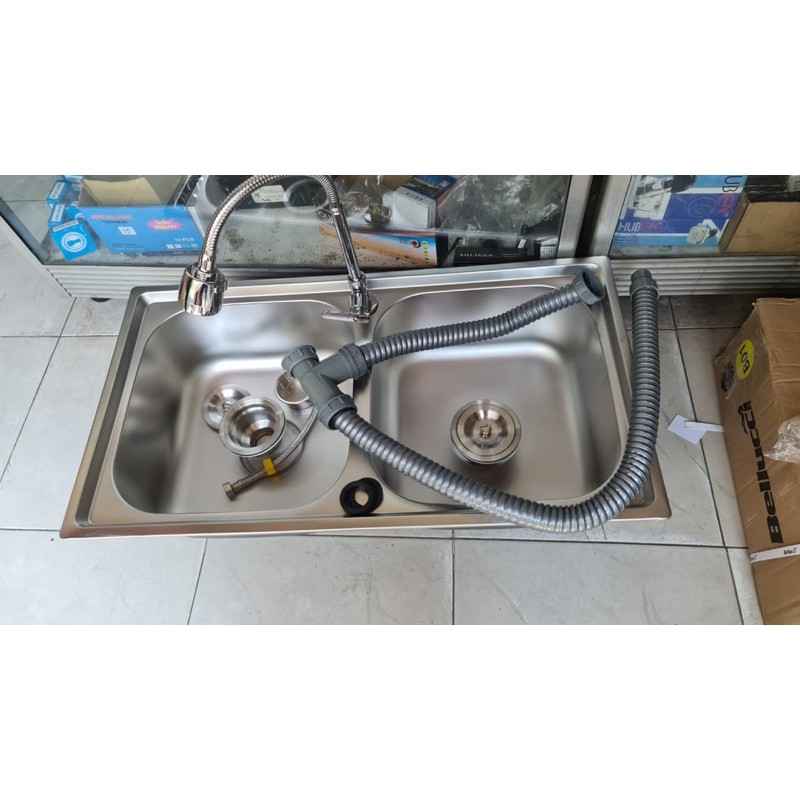 Bak cuci piring stainless 2 lubang 78x43x20 PAKET KRAN