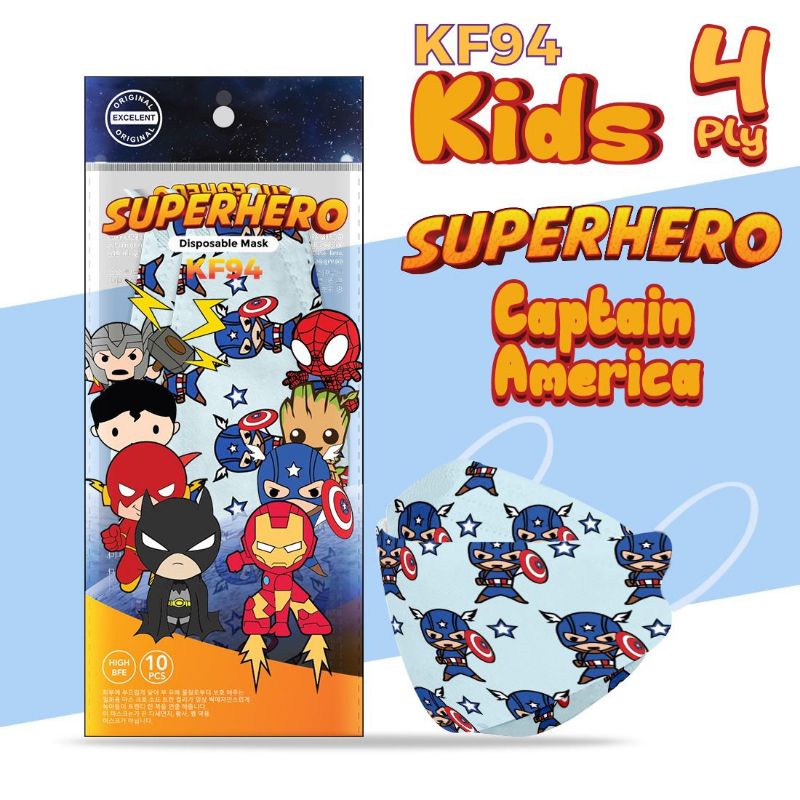 MASKER KF94 ANAK MOTIF SUPERHERO ISI 10PCS SAFETY FILTER GUARD