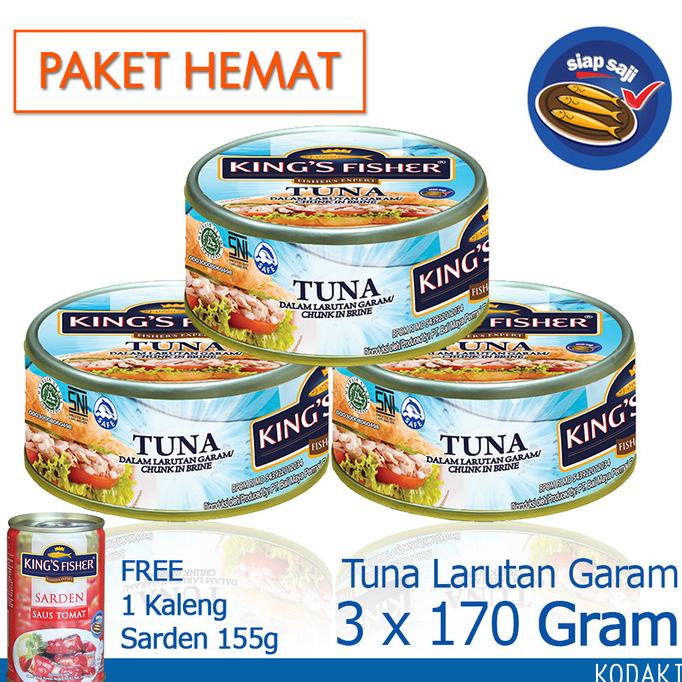 

vaargavaldian5678 Paket 3 pcs King's Fisher Tuna dalam Air Garam 170g gratis sarden 155g TERLARIS TERPERCAYA ORIGINAL