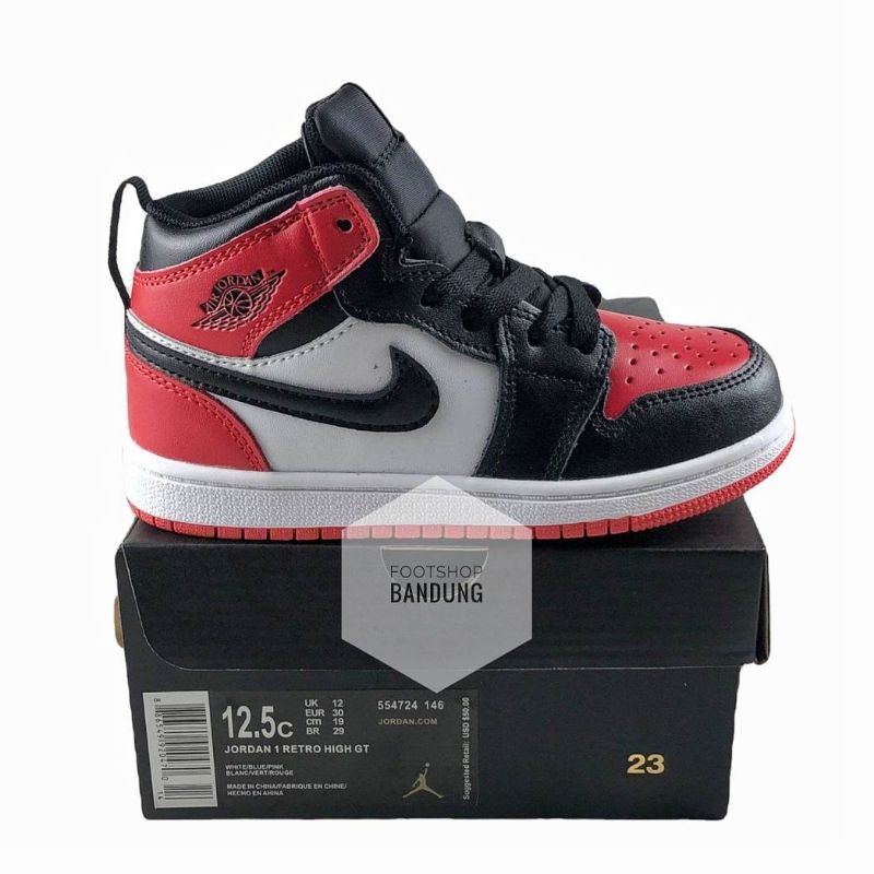 Sepatu Sneakers Anak Kids Toddler Nike Air Jordan 1 High Bred Toe Black White Red Ukuran 38 - 35 GRA