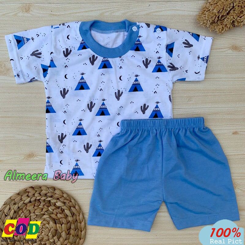 Setelan Baju Bayi Setelan Piyama Bayi Lengan Pendek Kancing Pundak Motif Piramida Usia 3-12 Bulan Almeera Baby and Kids