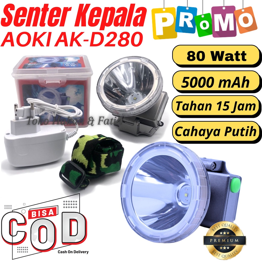Senter Kepala Selam - Diving AOKI AK-D280 - 80 Watt Super Led Baterai Lithium 5000mAh - Senter Super