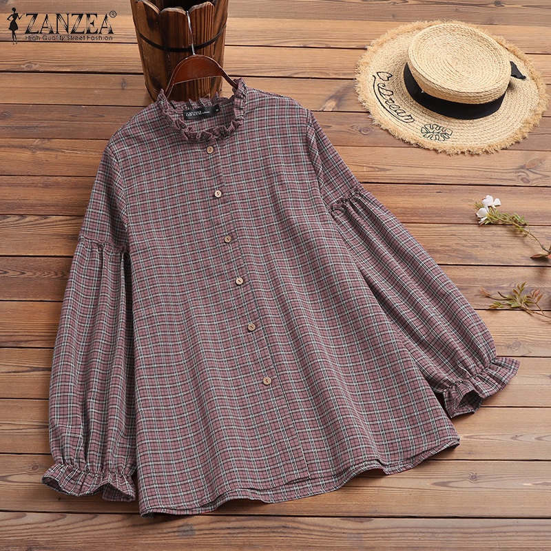 ZANZEA Women Full Sleeved Plaid Check Puff Sleeved Blouse Loose Autumn Shirts