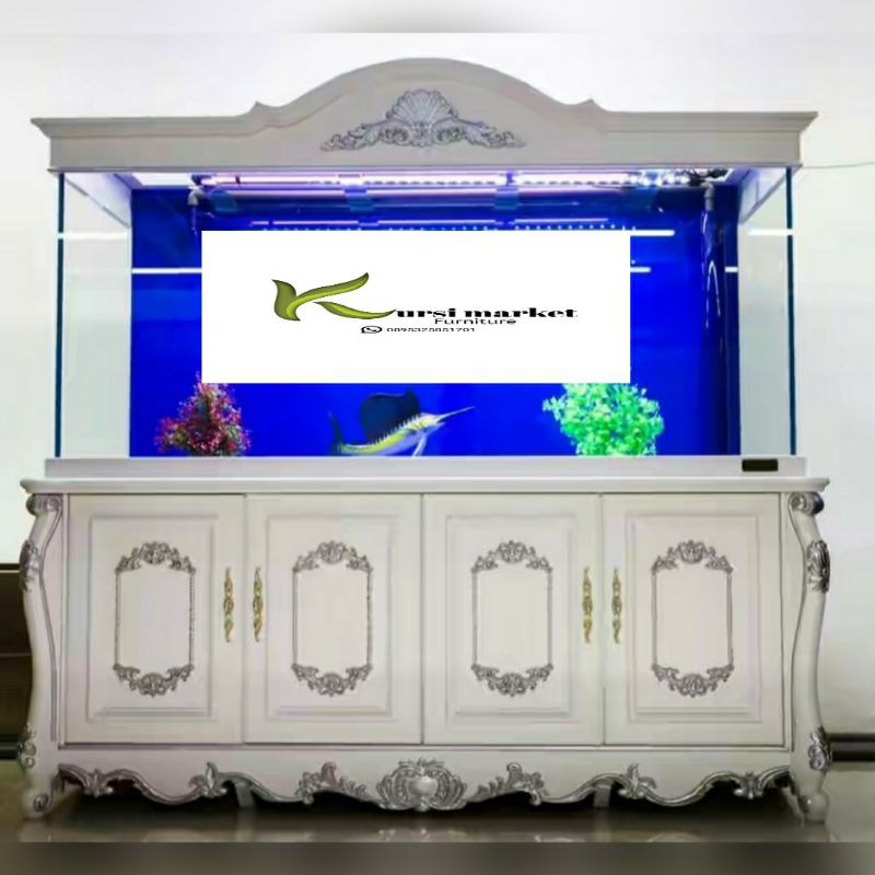 Tempat aquarium ikan arwana bufet aquarium ukir warna putih mewah lemari aquarium kayu jati ukir