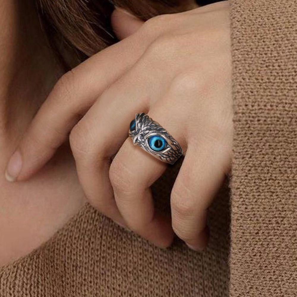 [Elegan] Cincin Burung Hantu Punk Keren Mata Biru Paduan Lebar Gadis Gaya Korea Ring