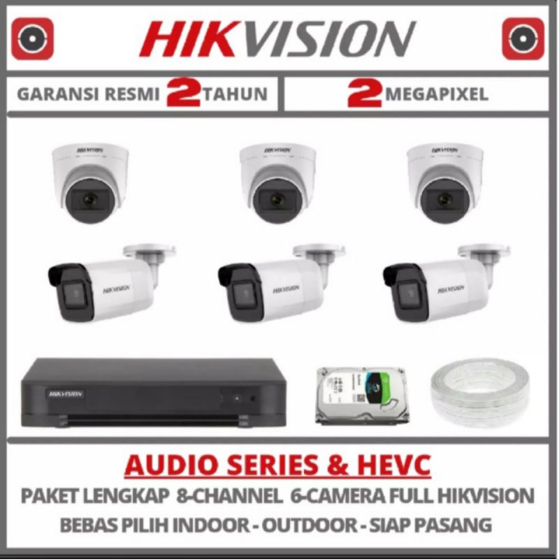 Paket CCTV Hikvision audio 2MP 8 Channel 6 Kamera Audio Komplit