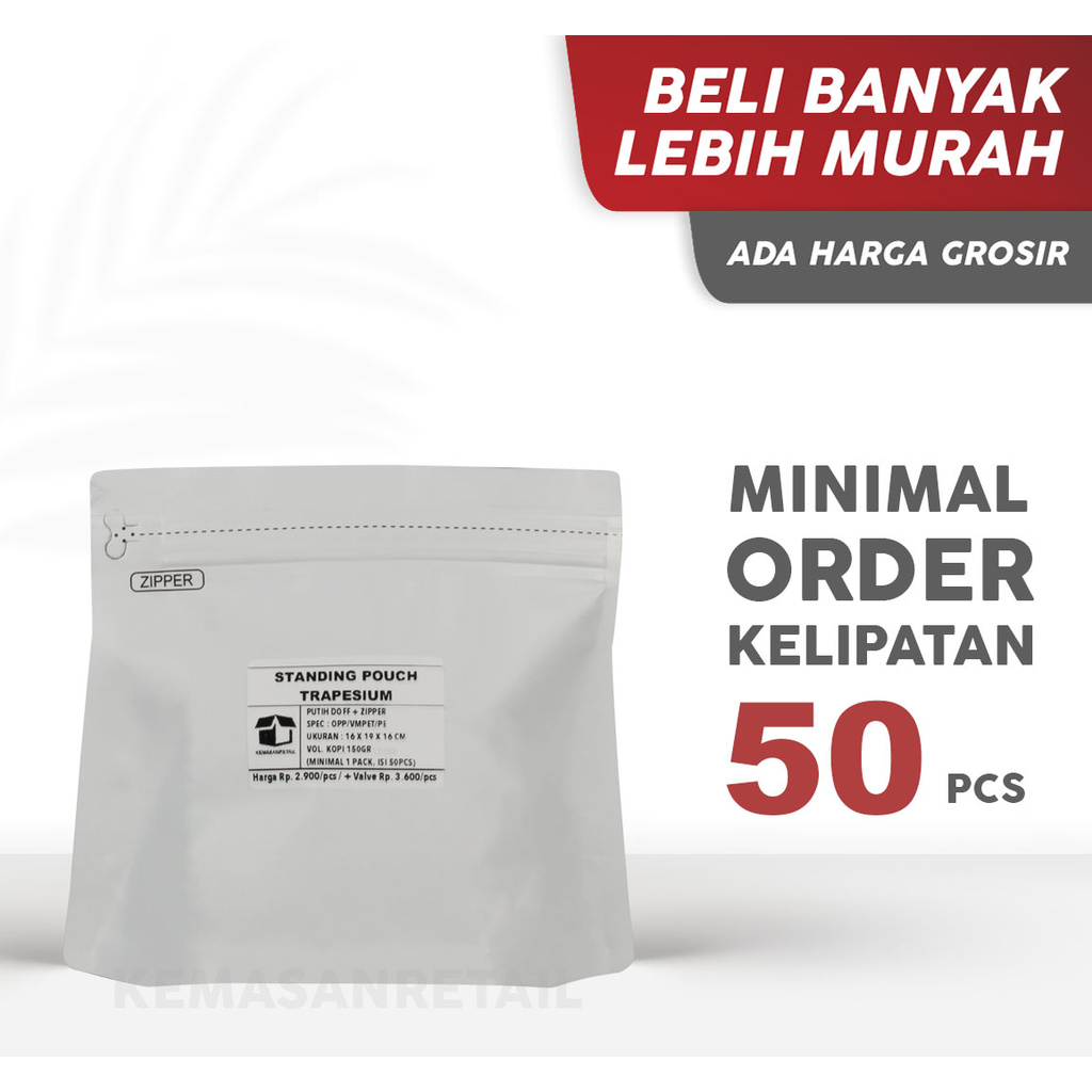 Standing Pouch Trapesium Import Zipper Putih Doff 19x16 150gr | Zipper | Non Zipper | Kemasan Premiu