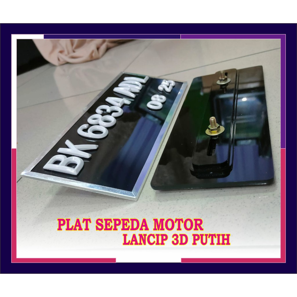 Plat Nomor Sepeda Motor Lancip 3D Putih