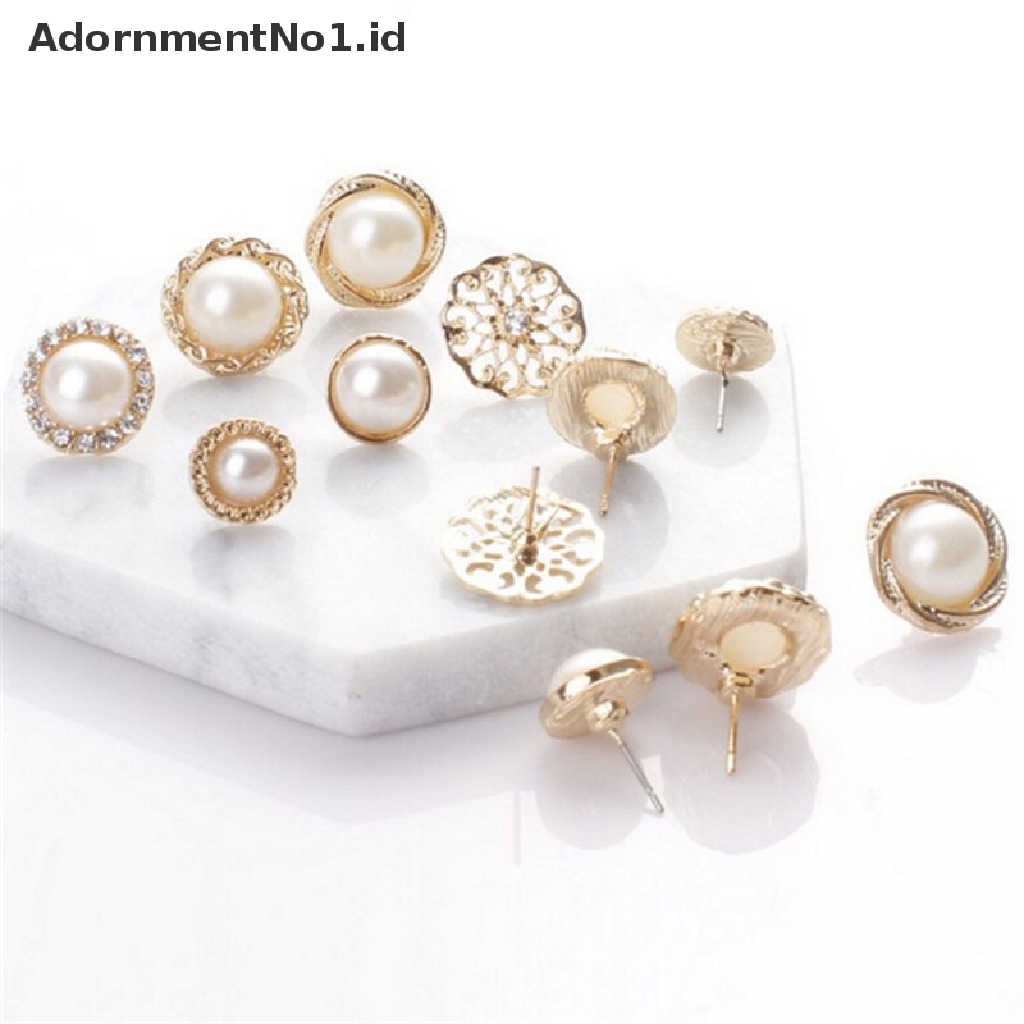 (AdornmentNo1) 6 Pasang / Set Anting Tusuk Motif Tanda + Mutiara + Berlian Imitasi Untuk Perhiasan Wanita (ID)