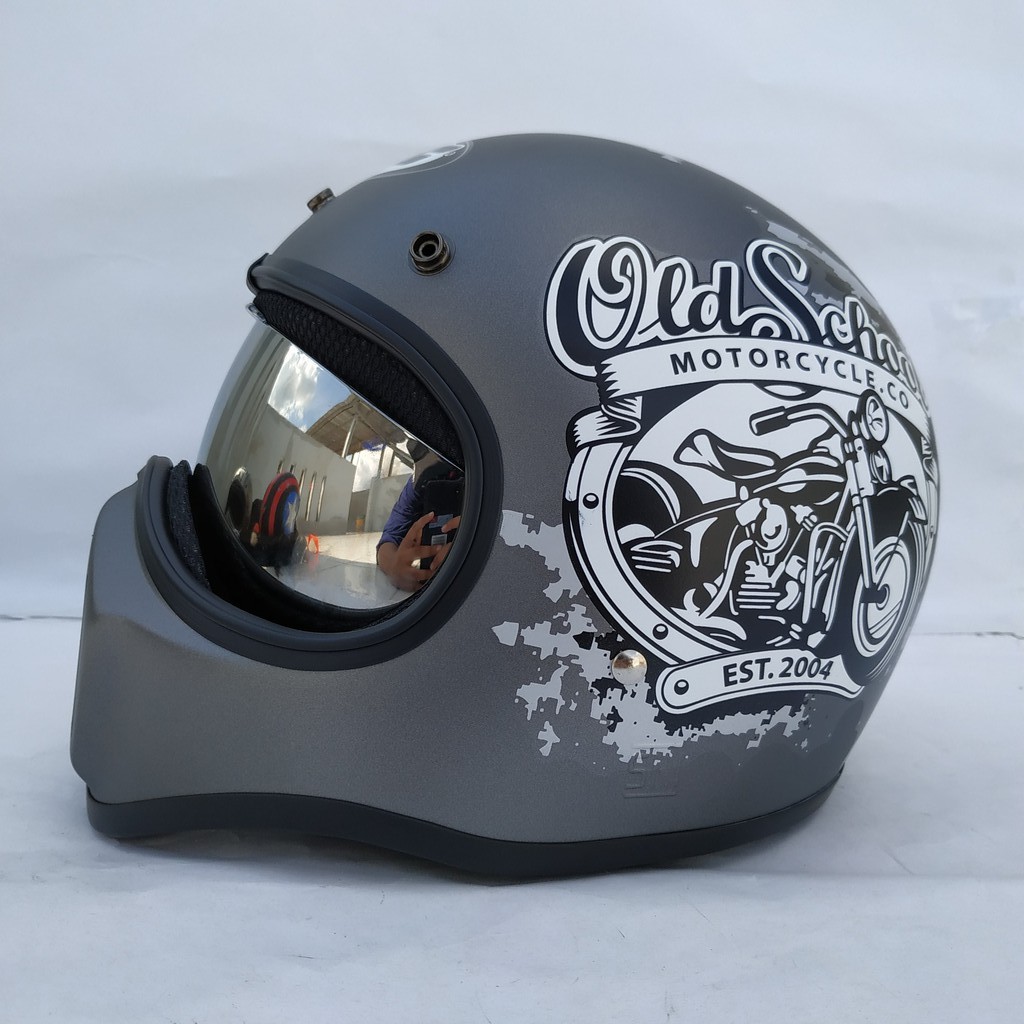 Helm Cakil HBC Old School Grey + Inner Visor Chrome ( Fullface / Retro / Klasik / Vespa )