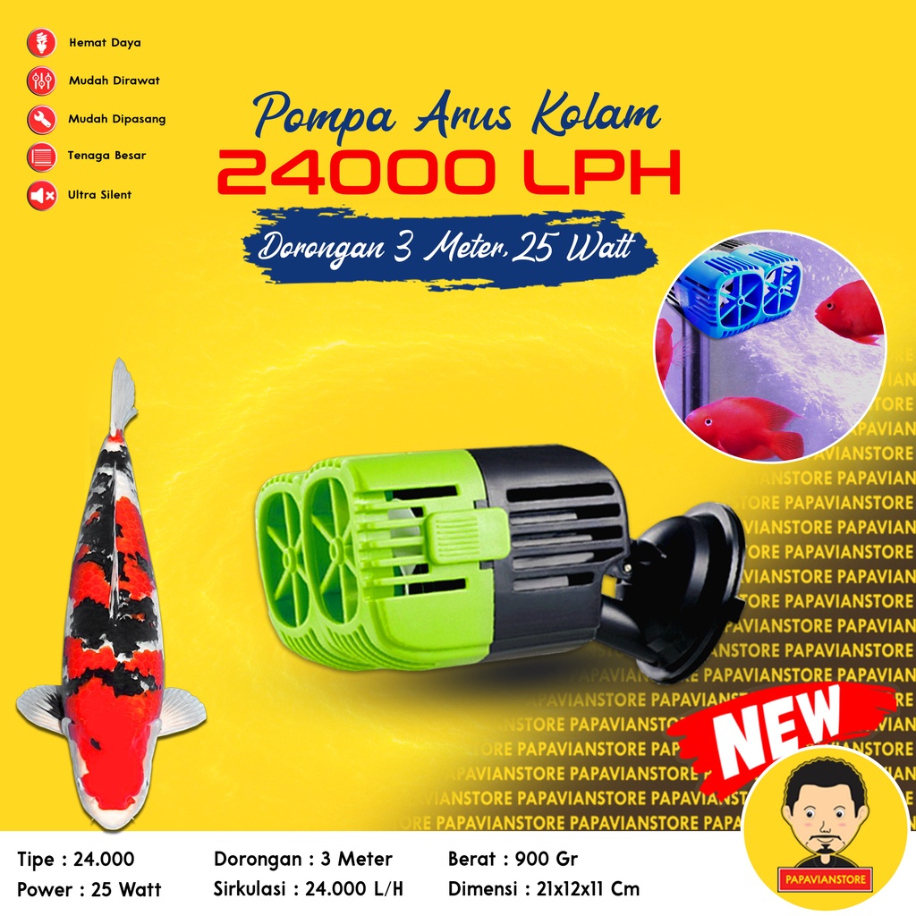 Pompa Mesin Arus Wave Maker Pencipta Ombak Air Kolam Ikan Hias Koi Aquarium Tank Predator Submersible Water Pump Celup Rendam - 24000 LPH Liter Per Jam Semburan 3 Meter Low 25 Watt Rendah Daya Dorong 3 Meter