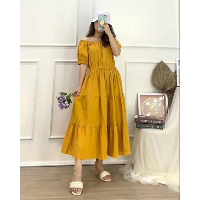 Nana Ruffle Midi Dress - Mustard(W3N3) FASHION WANITA MODERN TUNIK MIDI DRESS / TERUSAN maxi dress g