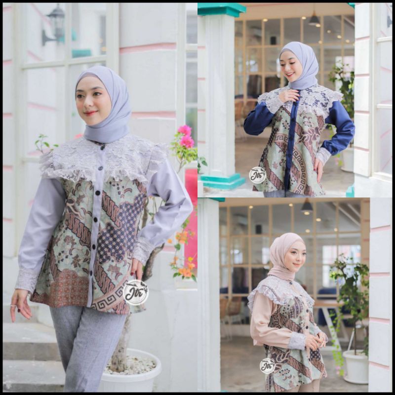 Shanaya Batik Blus Rengganis Peplum Batik Cap Wonogiren Kombinasi Moscrepe Mix Brokat