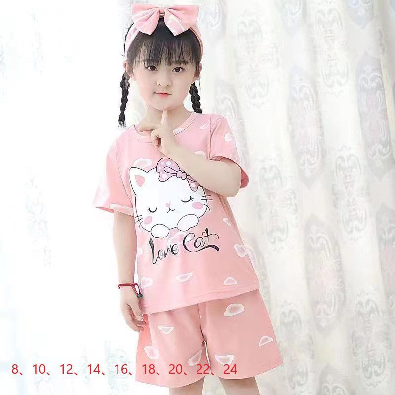 BAJU TIDUR ANAK PEREMPUAN  IMPORT KAOS KATUN SETELAN LENGAN PENDEK CELANA PENDEK UMUR 2-15 C19-A