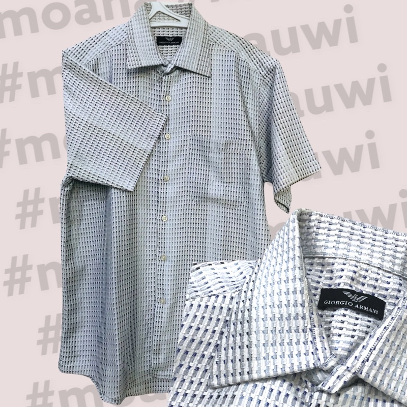 Atasan Kemeja Pria Giorgio Armani Saku Depan Biru Motif Bordir