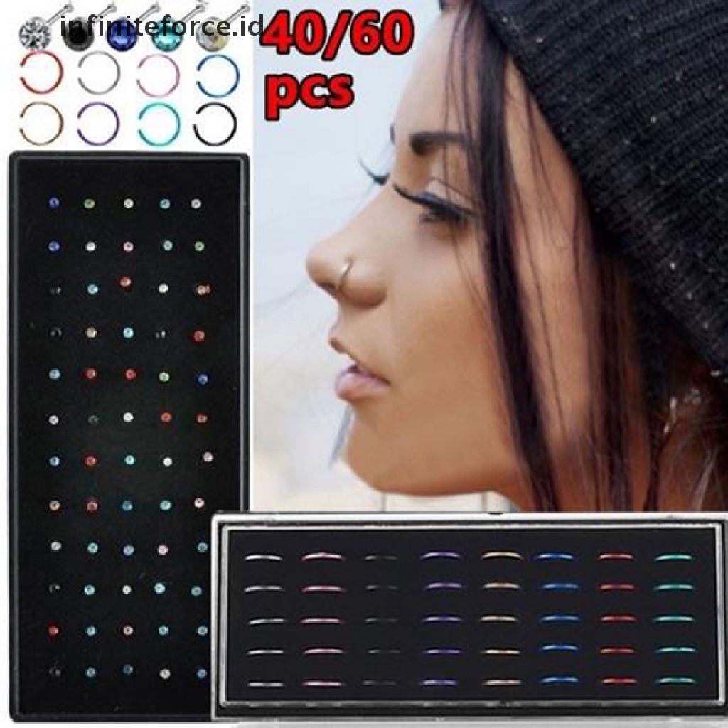 40 / 60pcs / Set Cincin Hoop Tindik Tubuh Hidung Bahan Baja Untuk Perhiasan