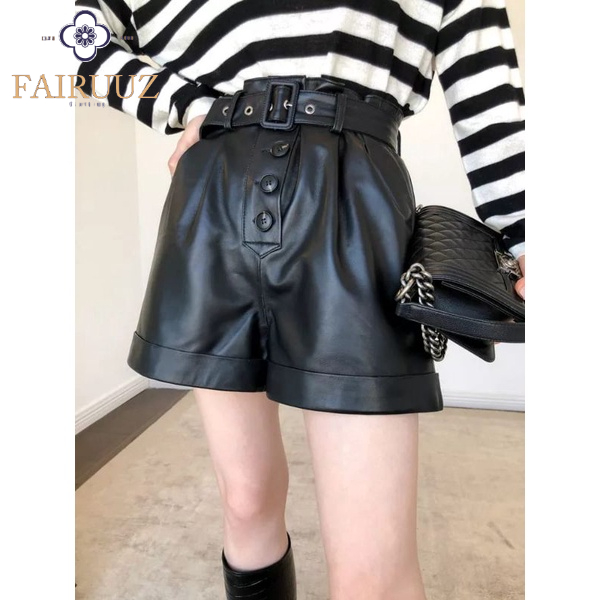 Celana Pendek Wanita Longgar High Waist Designer Luxury Leather Shorts with Belt Ladies Office