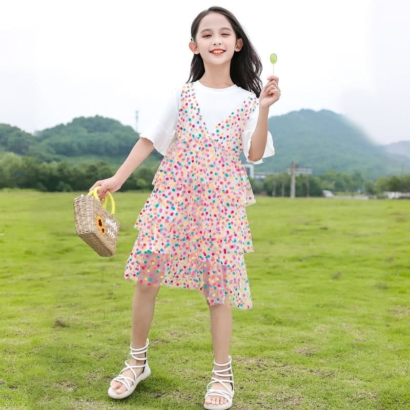 Promo !! Dress anak import trendy / dress polka colorful layer ukuran 3-6tahun