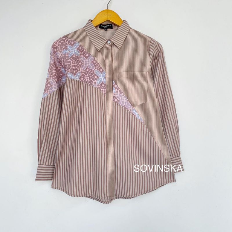 Atasan Batik Kombinasi WP 222 Baju kerja Wanita Lengan Panjang Hem Batik Modern by Sovinska