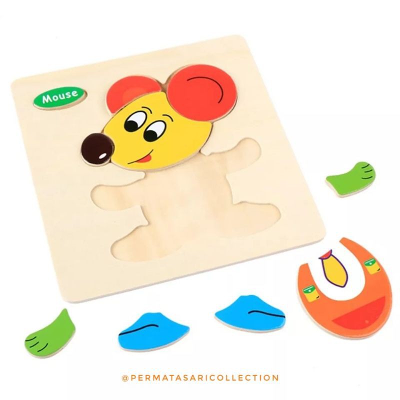 Mainan Puzzle 3D Anak Karakter Hewan Kayu