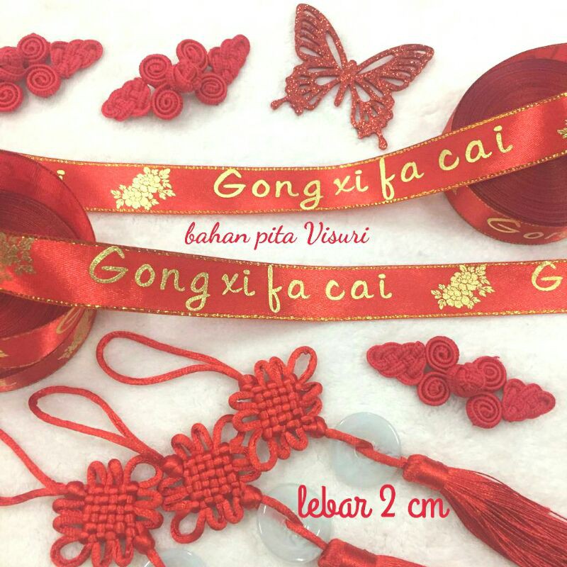 Pita Cina Imlek Gong Xi Fa Cai CNY Satin Sablon Gold 2 cm per yard