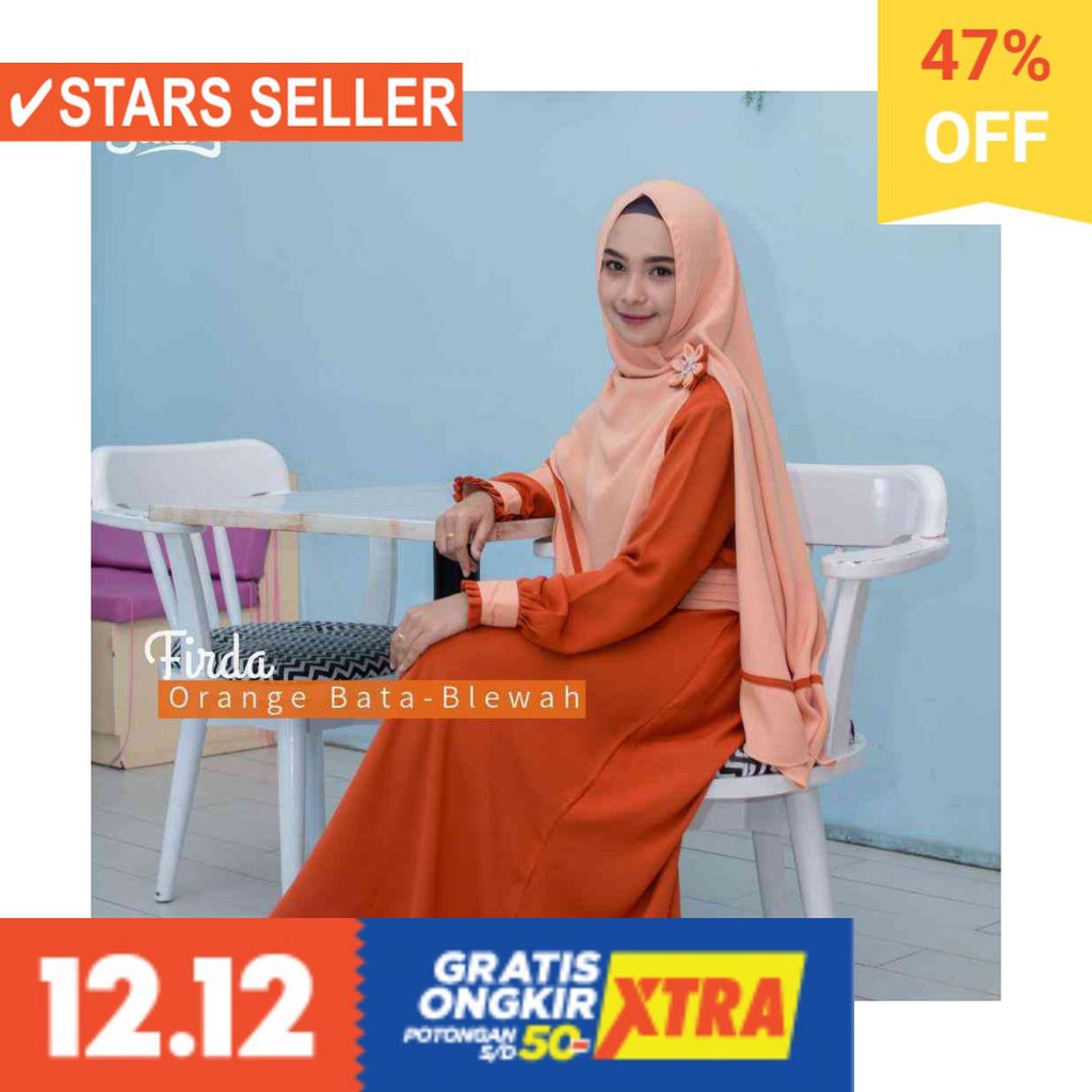 BUSANA MUSLIM PEREMPUAN FASHIONABLE CEWEK CANTIK / GAMIS FIRDA ORANGE BATA- BLEWAH  (TINARA) SET