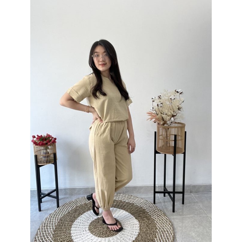 Set linen Vneck jogger | Set linen jogger 7/8 onesize