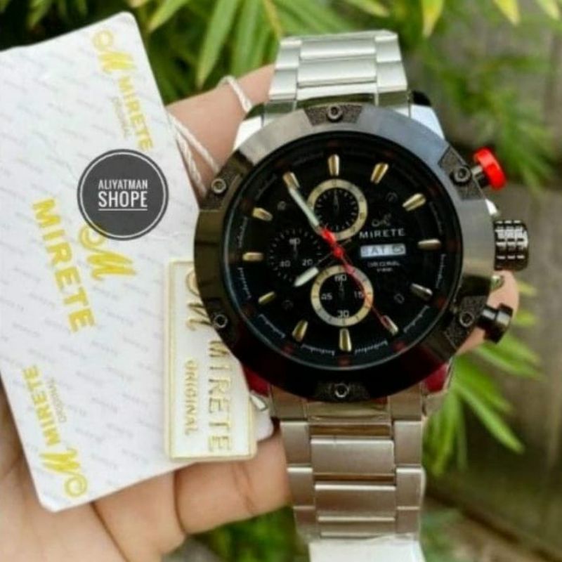 SPORTY MIRETE ORIGINAL SILVER PLAT HITAM TERBARU/JAM TANGAN KASUAL PRIA  TERMURAH TAHAN AIR  FITUR TANGGAL HARI/JAM TANGAN COWOK RANTAI STAINLIS STEL MIRETE ORIGINAL COD/JAM TANGAN IMPORT KEKINIAN DAN TERLARIS FREE BATRAI MIRETE M 97