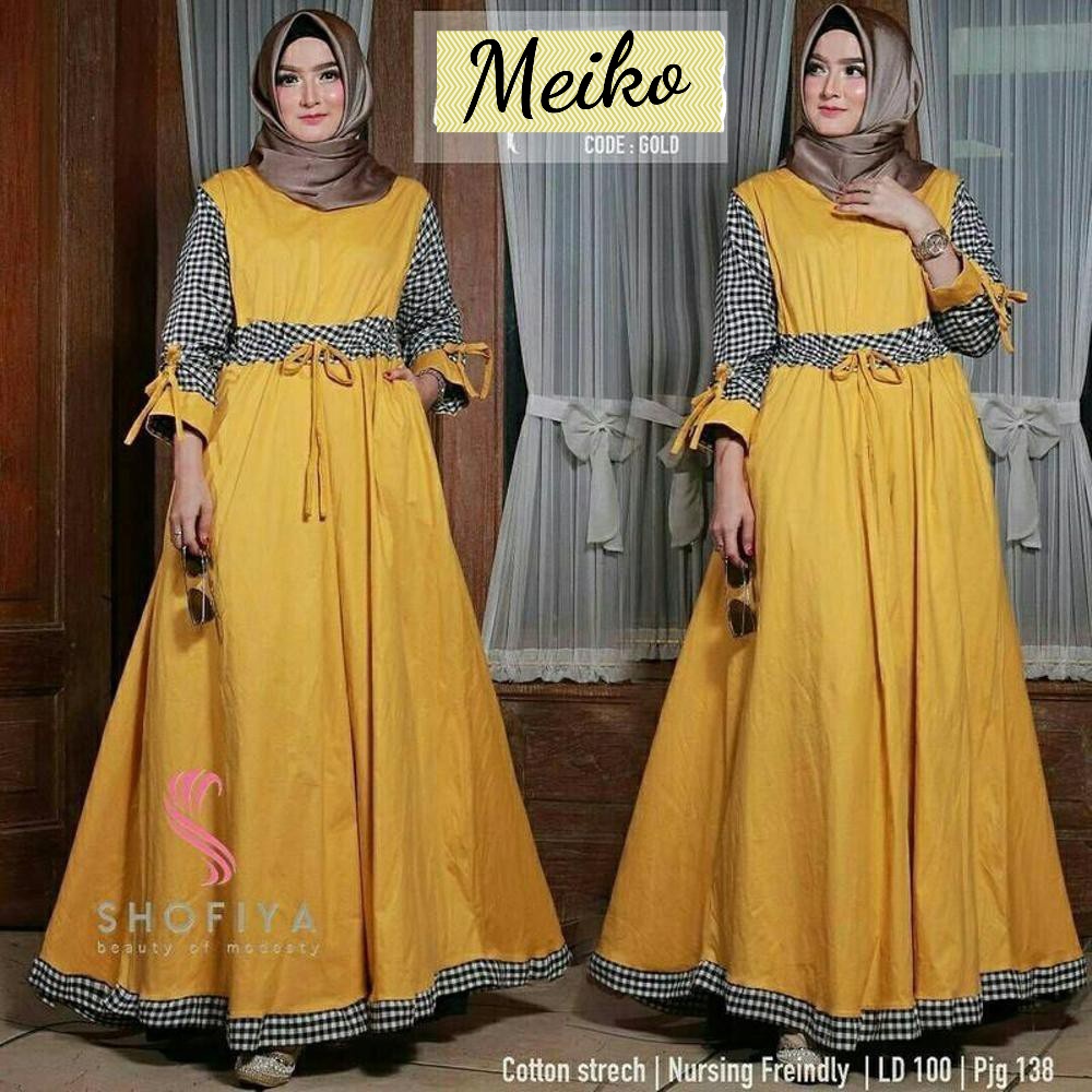 Meiko - Bisa COD Dress Gamis Busui Kondangan Wanita Kombinasi Kotak Rangkapan Tali Pita Depan Pingga