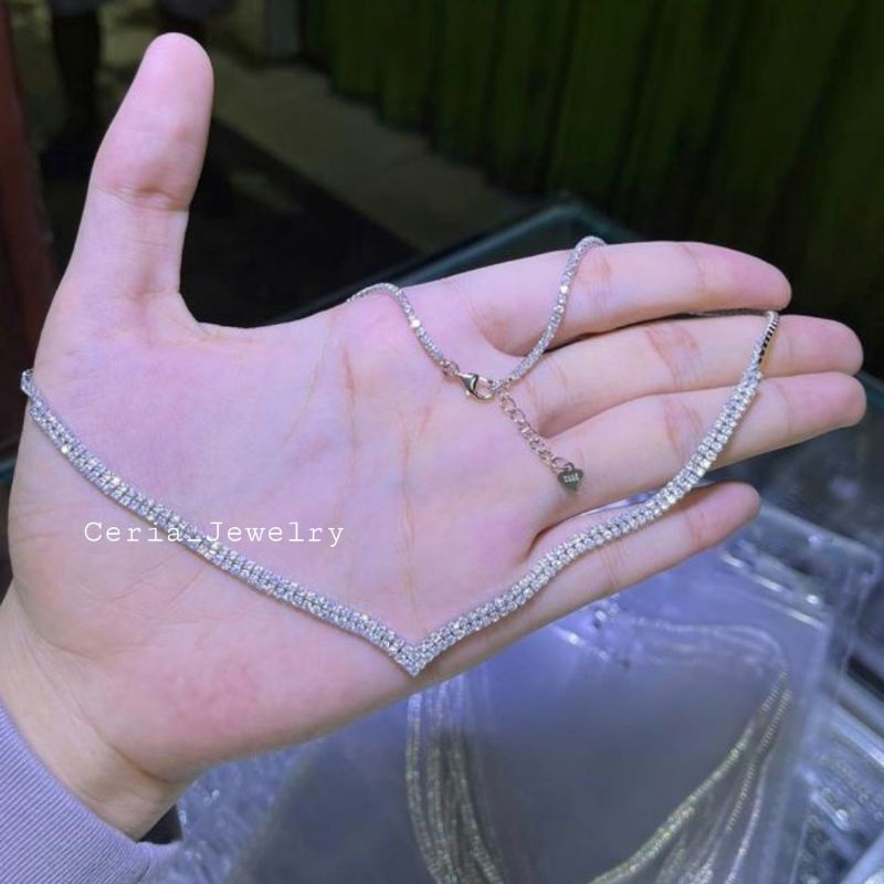 Kalung Perak Asli Silver Wanita 925 Lapis Emas Putih Model 2 Layer Permata/Kalung Aurel 2 Layer Model Berlian - Perhiasan Perak Wanita