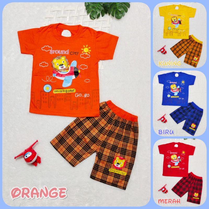 Setelan anak laki usia 1-8 tahun gambar Lion Amazing Pilot / Baju anak cowok celana kotak 2 345678 9
