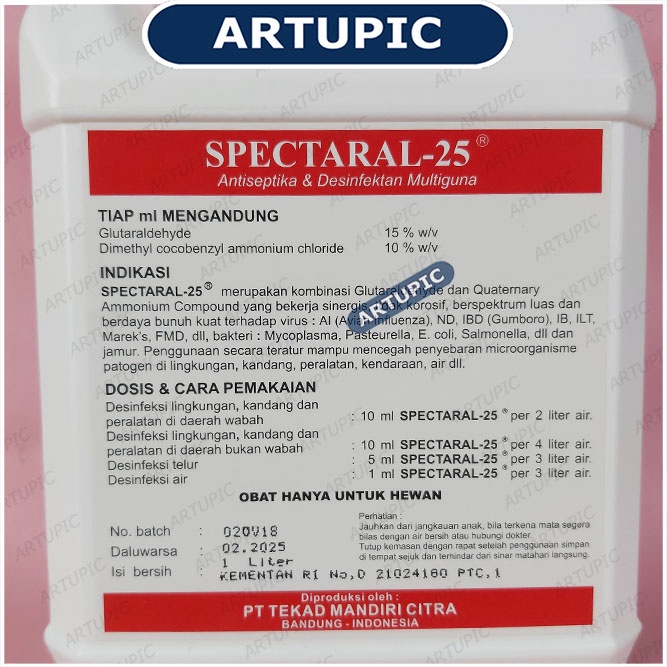 Disinfektan Spectaral-25 1 Liter Antiseptik Sanitasi Anti Virus Bakteri Jamur Glutaraldehyde dan Quaternary Ammonium Compound Bunuh Virus ND IB ILT AI Marek FMD Mycoplasma Pasteurella Ecoli Salmonella