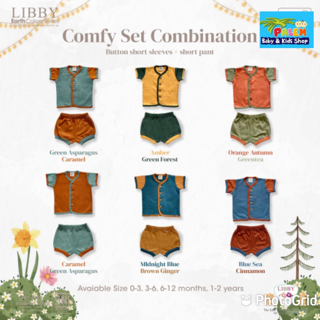 Libby Earth Series Comfy Set Setelan Kancing Depan Polos Libby Baby PENDEK Size 0-3 3-6 6-12