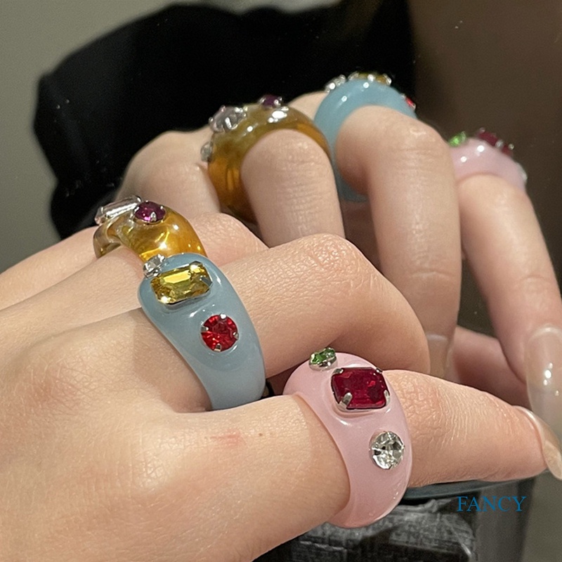Perhiasan Cincin Kristal Berlian Imitasi Geometris Warna-Warni Gaya Korea Untuk Wanita