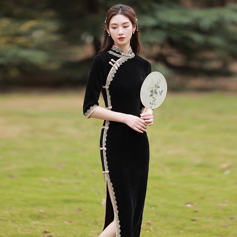 Black cheongsam 2022 new young style spring and summer chenille medium sleeve high-end temperament b