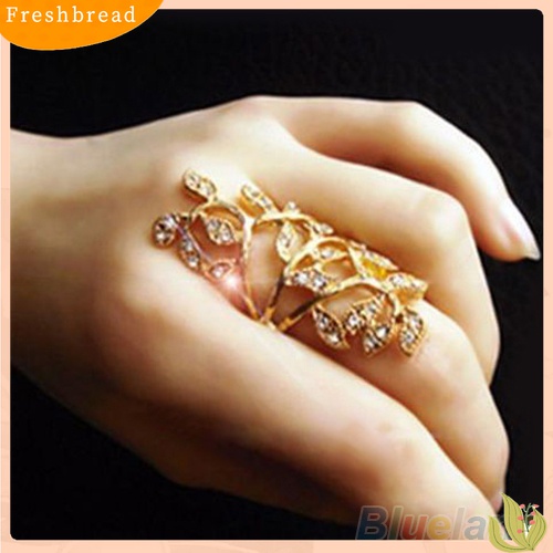 Fresh| Cincin Knuckle Desain Daun Hollow Hias Berlian Imitasi Berkilau Untuk Wanita