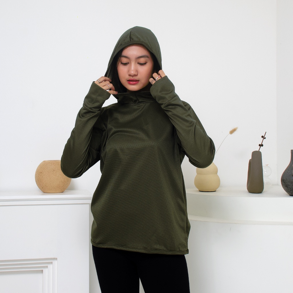 IE.DEMODE Hoodie Wanita Polos Outer Sport Breath Technology Hijau Army-7