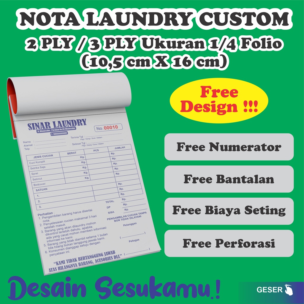 

CETAK NOTA LAUNDRY CUSTOM 2 RANGKAP - 3 RANGKAP - SURAT JALAN - KWITANSI - BON - INVOICE -- FREE DESIGN
