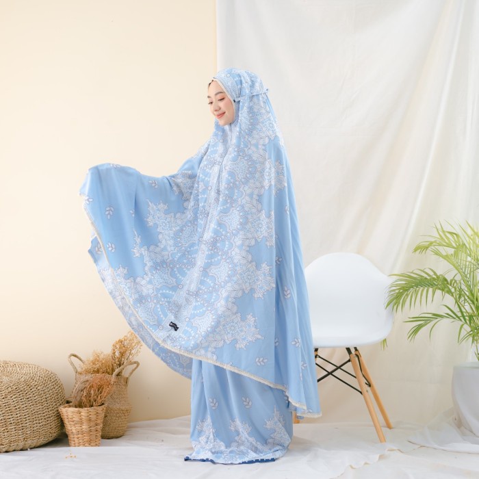 Mukena wanita Mukena Zianisa Border 2in1 Aleeza Blue Allsize anak terviral putih polos katun termura