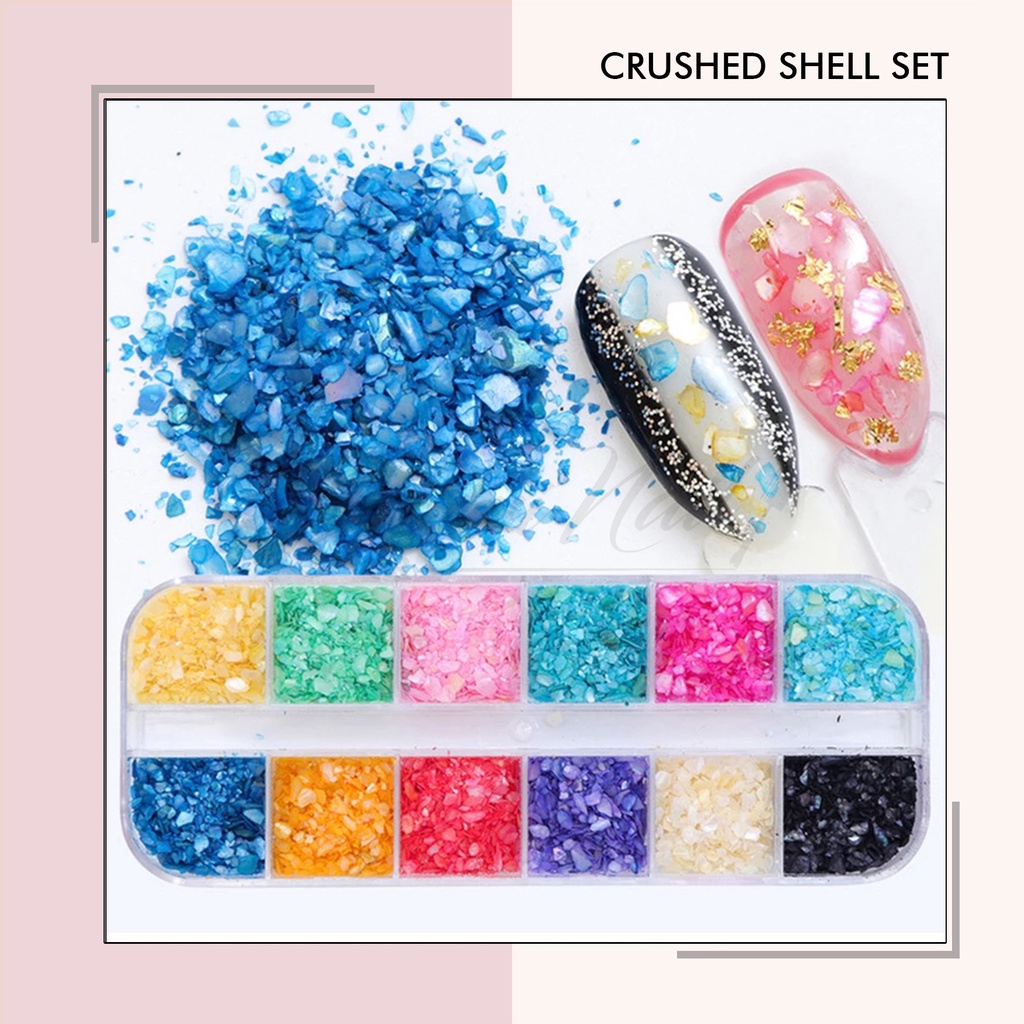 Crushed shell set 12 warna crash shell nail art pecahan batu kerang kuku nails