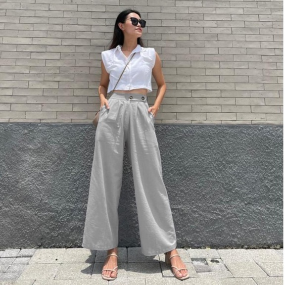 HOPYLOVY Celana Kulot Wanita Katun Linen Double Button Jemima / Celana Panjang Wanita Polos-3