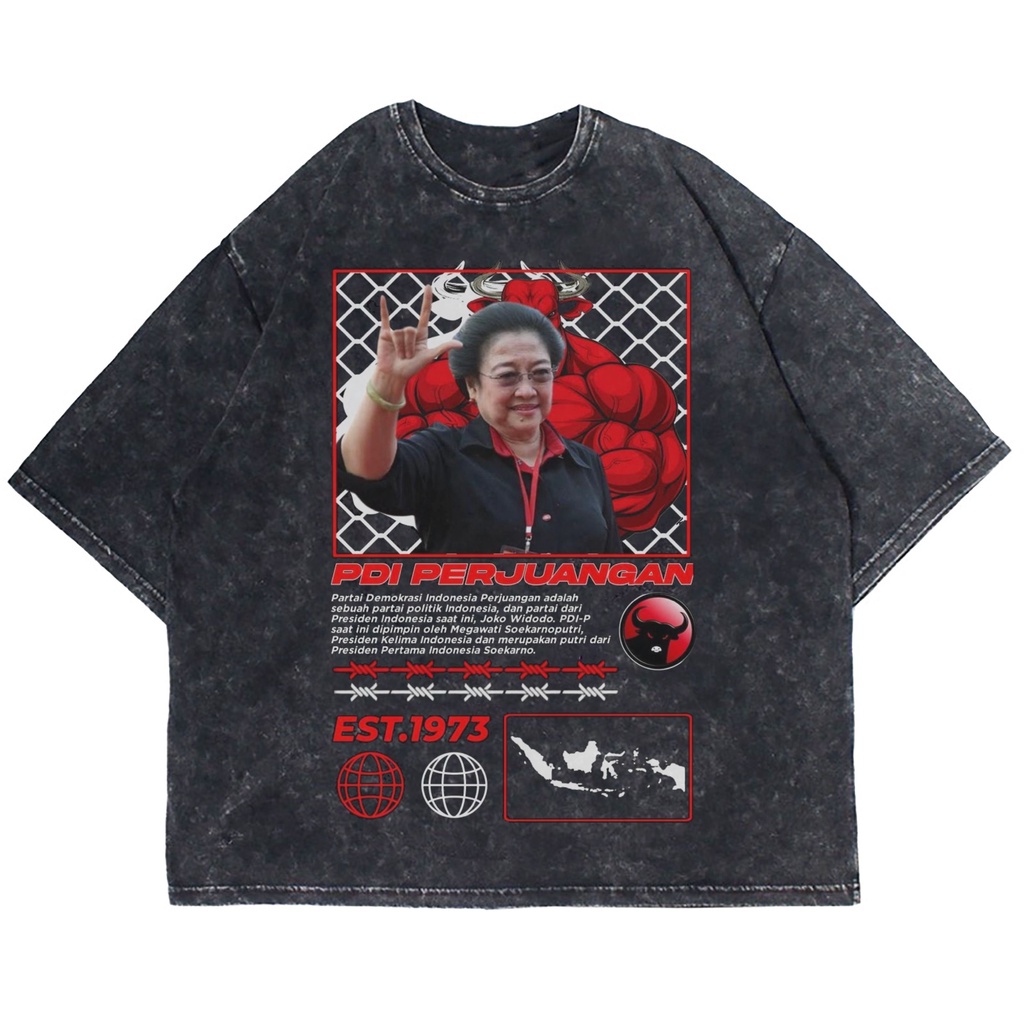 KAOS OVERSIZE MEGAWATI PDIP PERJUANGAN STREETWEAR WASHING VINTAGE TEE (T-SHIRT OVERSIZE WASHED)