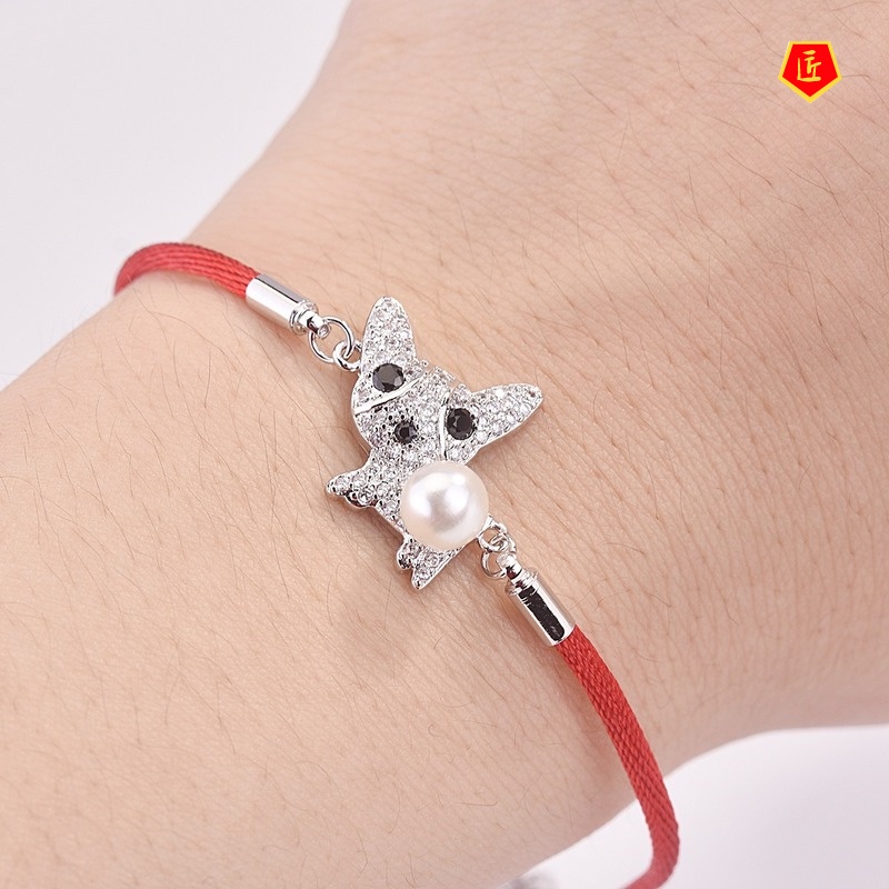 [Ready Stock]Cartoon Puppy Rhinestone Pearl Red Rope Bracelet