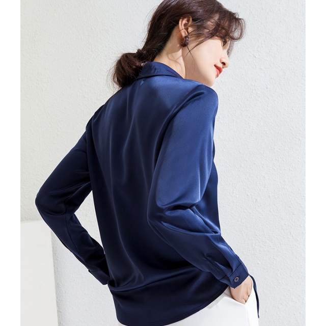 【Moon Blush】Kmeja Wanita Lengan Panjang-Korean Halus Lembut Solid Button  Satin Shirt 7248