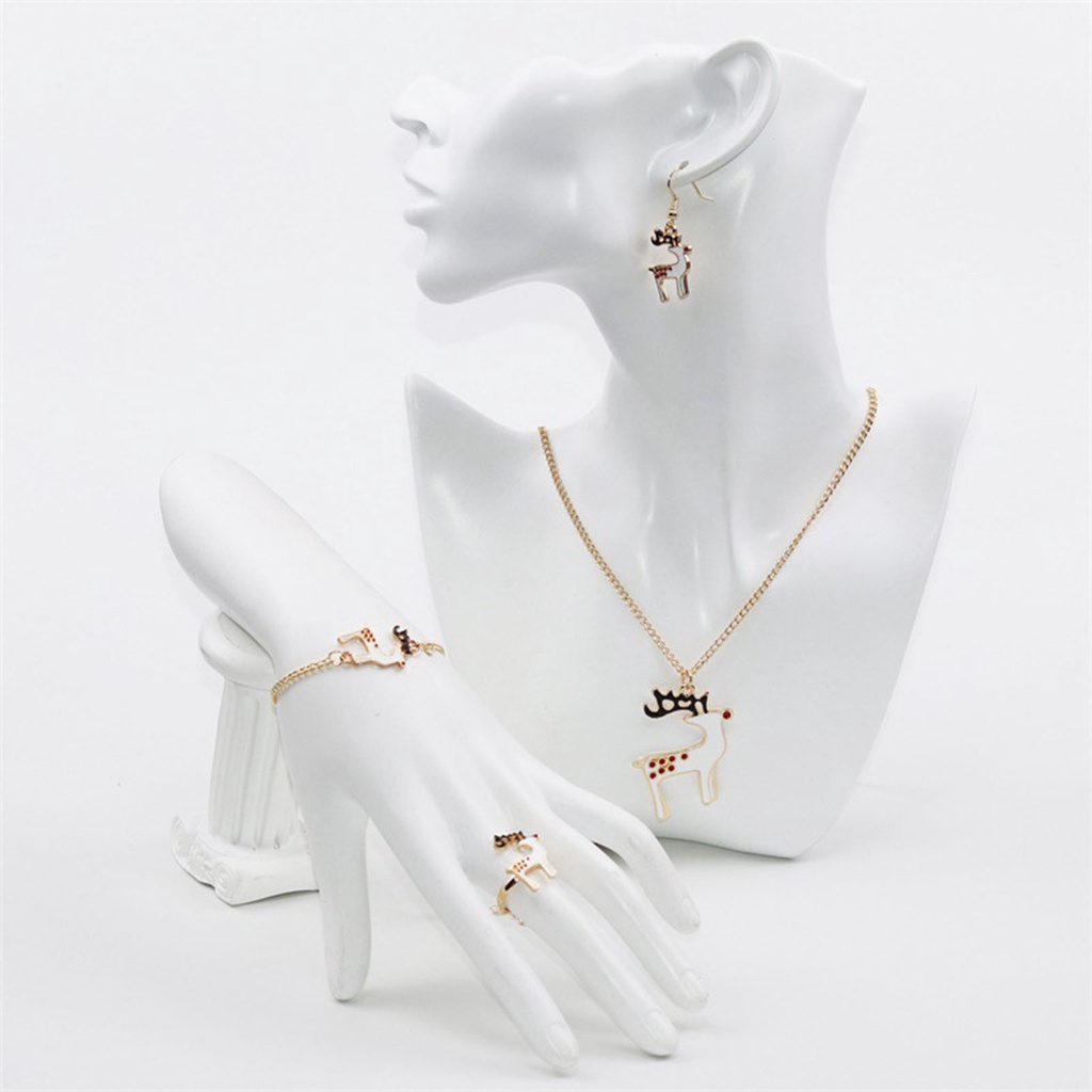 Hu Hu Hu Hu Hu Alat Bantu Pasang Kacamata♡ 4pcs / Set Perhiasan Kalung Anting Cincin Gelang Liontin Rusa Natal Warna Terang Bahan Alloy